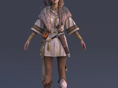 Adventure Fantasy Tribal Character In Animal Fur Trimmed Outfit With Braided Hair And Weapon 3d model