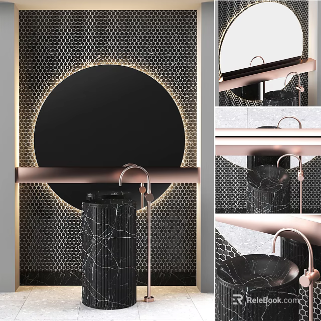 Luxury Modern Washbasin With Black Marble Rose Gold Faucet Geometric Wall And Circular Mirror Design 3d model 