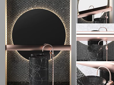 Luxury Modern Washbasin With Black Marble Rose Gold Faucet Geometric Wall And Circular Mirror Design 3d model