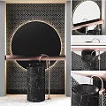 Luxury Modern Washbasin With Black Marble Rose Gold Faucet Geometric Wall And Circular Mirror Design