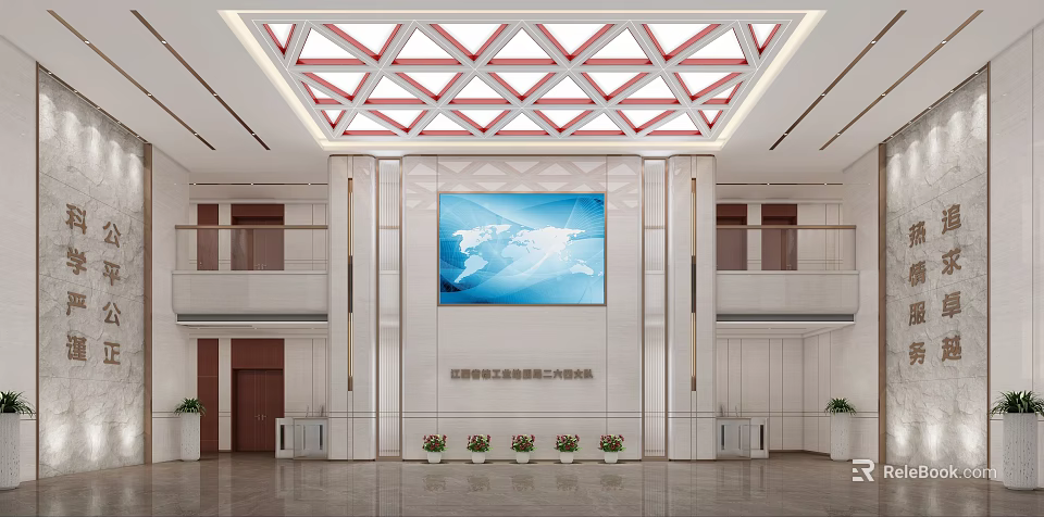 Modern Front Desk Reception Area With Large World Map Screen Geometric Ceiling And Marble Walls 3d model 