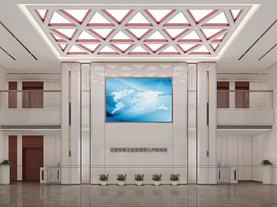 Modern Front Desk Reception Area With Large World Map Screen Geometric Ceiling And Marble Walls 3d model