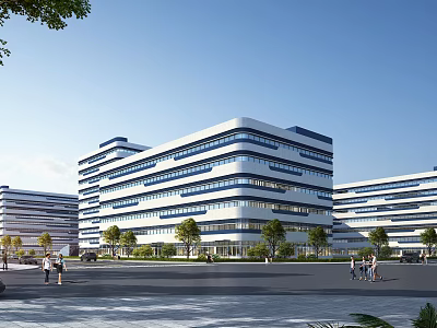 Modern Multi Story Office Building With Glass Facade Surrounded by Trees and Pedestrians 3d model