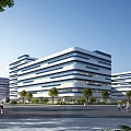 Modern Multi Story Office Building With Glass Facade Surrounded by Trees and Pedestrians