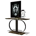 Modern Console Table With Metal Frame And Marble Top Featuring Decorative Painting And Metal Ornament