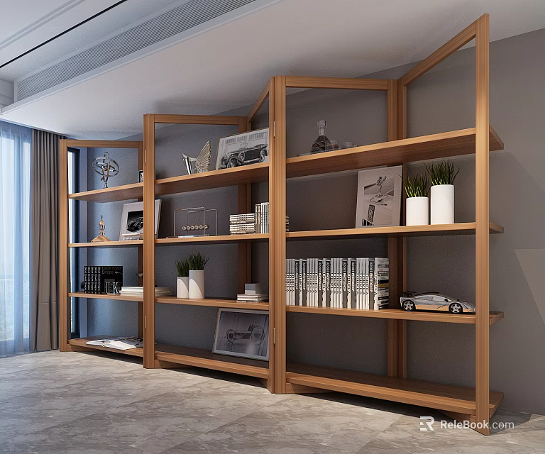 Open Wooden Shelving Unit with Books Decorative Items and Potted Plants in Modern Interior 3d model 