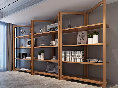 Open Wooden Shelving Unit with Books Decorative Items and Potted Plants in Modern Interior 3d model