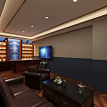 Cigar Store Interior With Cigar Display Shelves Seating Area Mannequin And Wooden Cabinets