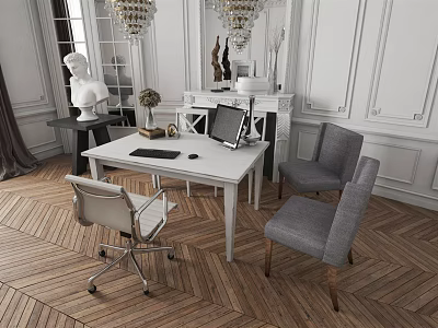 Elegant White Desk With Comfortable Gray Chairs And Decorative Sculptures In Classic Interior 3d model