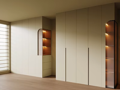 Modern Minimalist Light Colored Wardrobe with Sleek Doors Illuminated Shelves and Drawers 3d model