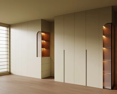 Modern Minimalist Light Colored Wardrobe with Sleek Doors Illuminated Shelves and Drawers 3d model