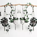 Lush Green Macramé Hanging Plants Suspended On Wooden Rod With Foliage