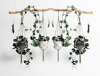 Nordic Hanging Basket Flower Pot Plant Flower Pot Hanging Basket Branch Wooden Hanger Green Plant 3d model