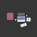 Laptop with Pink Box Cup Mouse Open Folder and USB Drive