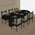 Modern Dining Room Interior With Round Black Table And Striped Upholstered Chairs Flower Vase Tableware