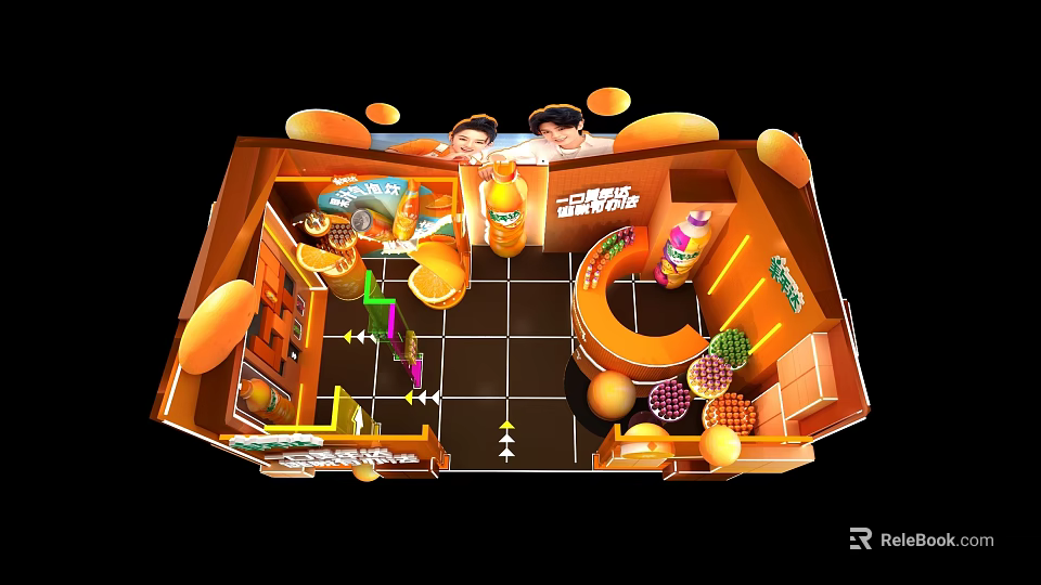 Orange Themed Exhibition Booth With Beverage Products And Brand Display Elements 3d model 