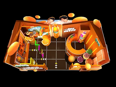 Orange Themed Exhibition Booth With Beverage Products And Brand Display Elements 3d model