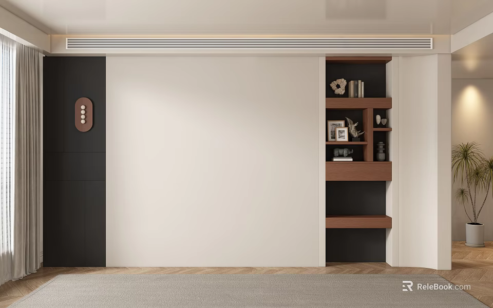 Modern Sofa Backdrop Wall With White And Dark Panels Wooden Shelves And Decor Items 3d model 