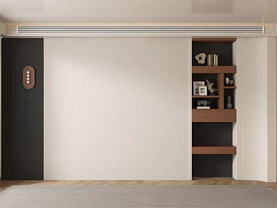 Modern Sofa Backdrop Wall With White And Dark Panels Wooden Shelves And Decor Items 3d model