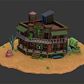Cartoon Western Saloon Scene With Desert Ground Cactus And Wooden Wagon