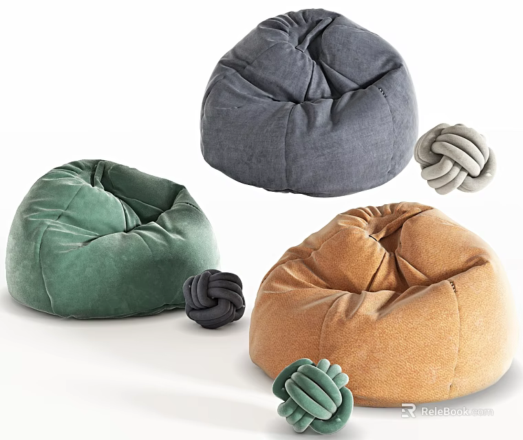 Modern Velvet Bean Bag Chairs in Green Gray and Orange with Knot Decor 3d model 