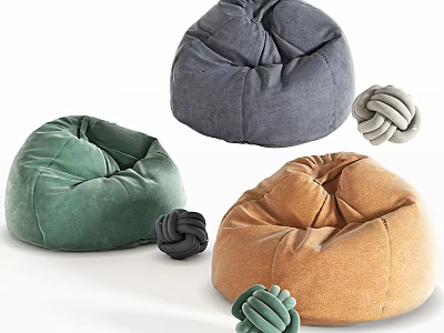 Modern Velvet Bean Bag Chairs in Green Gray and Orange with Knot Decor 3d model