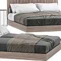 Modern Double Bed With Wooden Headboard And Gray Bedding Design