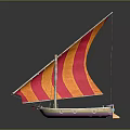 Decorative Sailboat with Orange and Red Striped Sail and Reflection