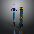 Fantasy Swords with Blue Blades Gold Accents and Decorative Hilts 3D Rendered Design