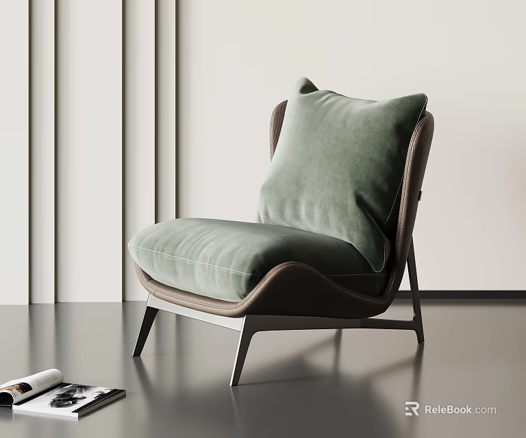 Modern Green Cushion Leisure Chair With Brown Frame And Magazines In Minimalist Interior 3d model 