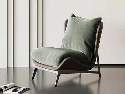 Modern Green Cushion Leisure Chair With Brown Frame And Magazines In Minimalist Interior 3d model
