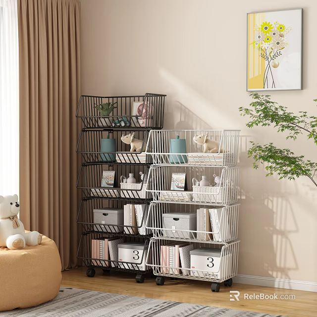 Multi Tier Metal Bookshelf With Wheels Storage Baskets Books Plants And Stuffed Bear 3d model 
