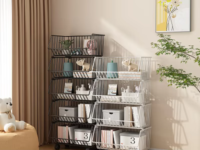 Multi Tier Metal Bookshelf With Wheels Storage Baskets Books Plants And Stuffed Bear 3d model