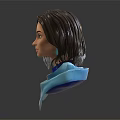 Female Character Bust Sculpture With Wavy Brown Hair Green Eyes Teal Earrings And Blue Shawl