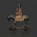 Traditional Wooden Cart Sculpture With Donkey Riding Figure And Wheels