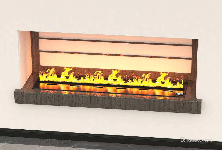 Modern Wall Mounted Fireplace Interior Design With Wooden Frame And Realistic Flame 3d model 