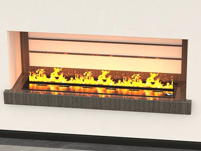 Modern Wall Mounted Fireplace Interior Design With Wooden Frame And Realistic Flame 3d model