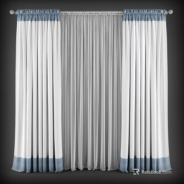 Elegant White Sheer Curtains With Blue Hem For Home Window Decor 3d model 