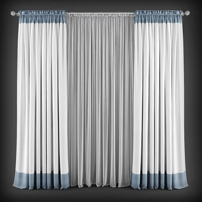 Elegant White Sheer Curtains With Blue Hem For Home Window Decor 3d model