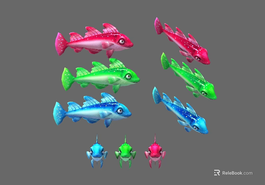 Colorful Aquatic Animal Fish Toys in Pink Green Blue and Various Sizes 3d model 