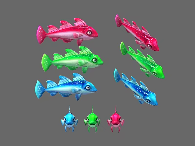 Colorful Aquatic Animal Fish Toys in Pink Green Blue and Various Sizes 3d model