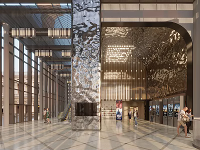 Modern Cinema Lobby Featuring Decorative Columns Warm Lighting And People Walking Through 3d model