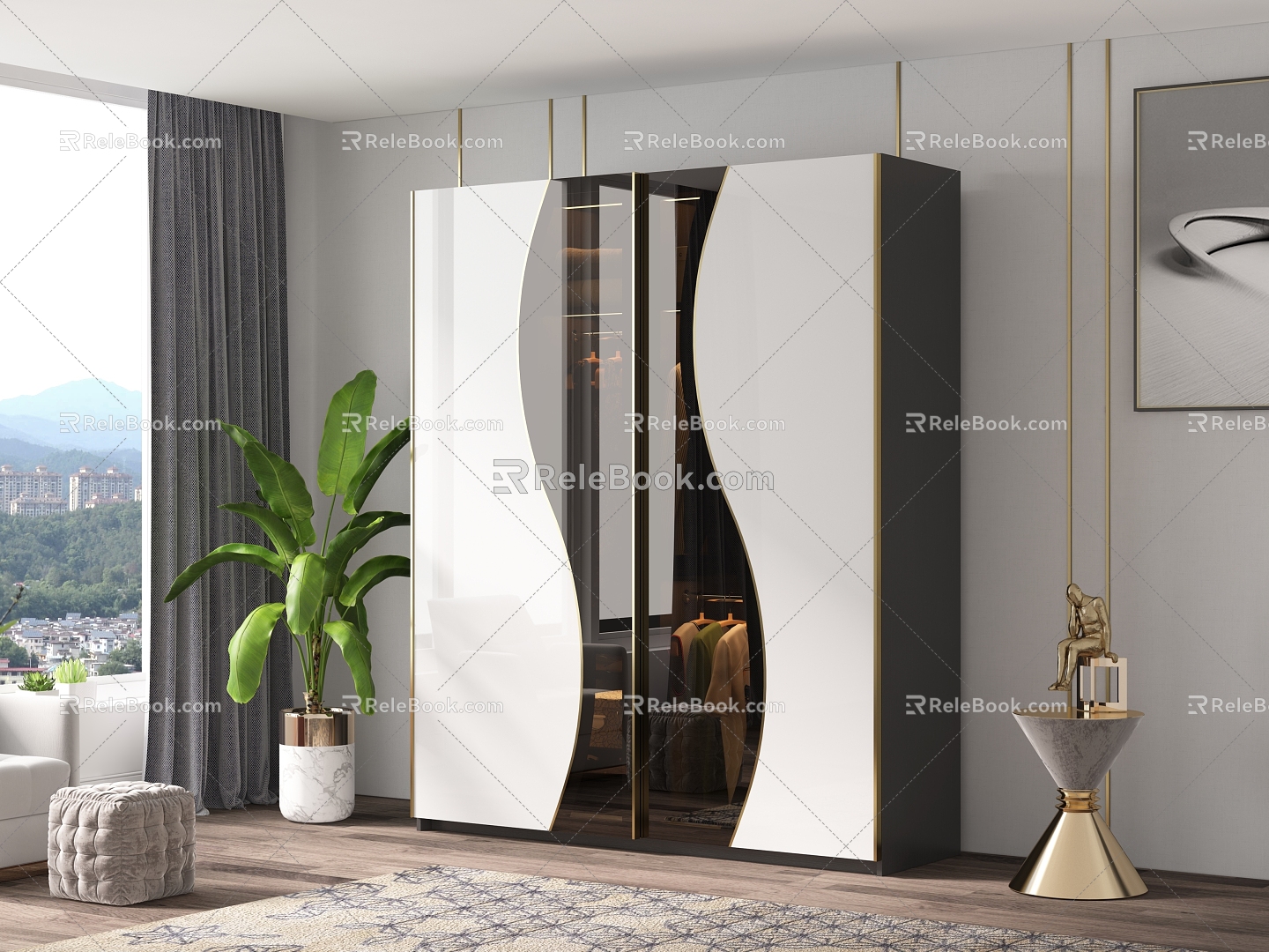 Light Luxury Glass Door Panel Wardrobe 3d model