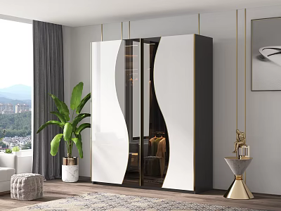 Elegant Modern White And Black Wardrobe With Mirror Doors Large Window Mountain View And Plant 3d model