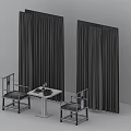 Chinese Style Dining Set With Square Table Dark Chairs Backrest And Flowy Curtains 3d model