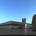 Modern Commercial Complex Design With Curved Roof Glass Facade Plaza Pedestrians And Greenery