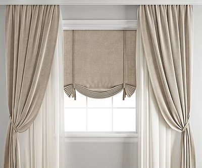 Soft Beige Fabric Curtains With Pleated Valance For Home Window Interior 3d model