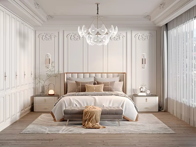 Elegant Modern Bedroom With Paneled Walls Glass Chandelier King Bed And Area Rug 3d model