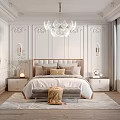 Elegant Modern Bedroom With Paneled Walls Glass Chandelier King Bed And Area Rug