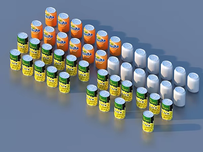 VIVA Beverage Cans in Orange Green and White Colors Arranged in Rows 3d model